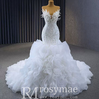 Fuchsia Mermaid Strapless Beading Prom Dress with Ruffle - Rosymae