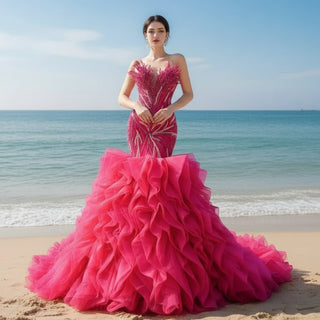 Fuchsia Mermaid Strapless Beading Prom Dress with Ruffle - Rosymae