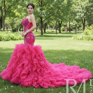 Fuchsia Mermaid Strapless Beading Prom Dress with Ruffle - Rosymae