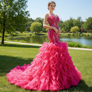 Fuchsia Mermaid Strapless Beading Prom Dress with Ruffle - Rosymae