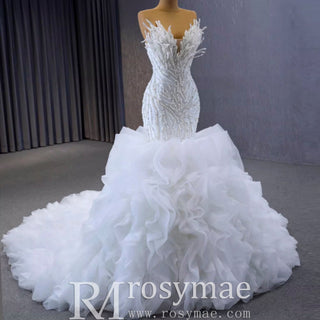 Fuchsia Mermaid Strapless Beading Prom Dress with Ruffle - Rosymae