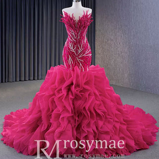 Fuchsia Mermaid Strapless Beading Prom Dress with Ruffle - Rosymae