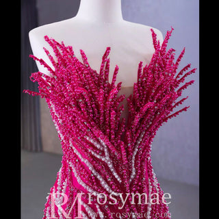 Fuchsia Mermaid Strapless Beading Prom Dress with Ruffle - Rosymae
