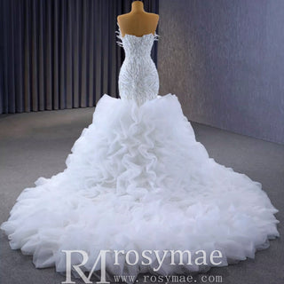 Fuchsia Mermaid Strapless Beading Prom Dress with Ruffle - Rosymae