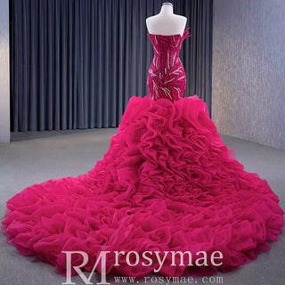 Fuchsia Mermaid Strapless Beading Prom Dress with Ruffle - Rosymae