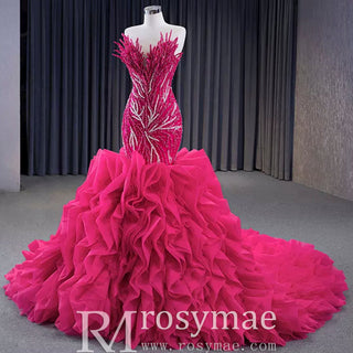 Fuchsia Mermaid Strapless Beading Prom Dress with Ruffle - Rosymae
