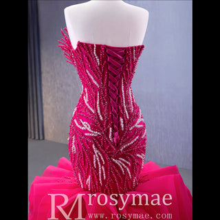Fuchsia Mermaid Strapless Beading Prom Dress with Ruffle - Rosymae