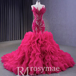 Fuchsia Mermaid Strapless Beading Prom Dress with Ruffle - Rosymae