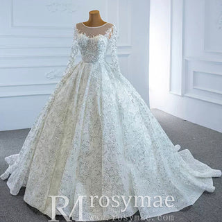 Fully Beaded Scoop Ball Gown Wedding Dress Long Sleeve Bridal Gown - Rosymae