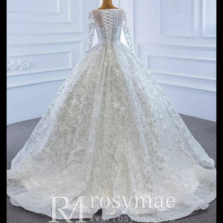 Fully Beaded Scoop Ball Gown Wedding Dress Long Sleeve Bridal Gown - Rosymae