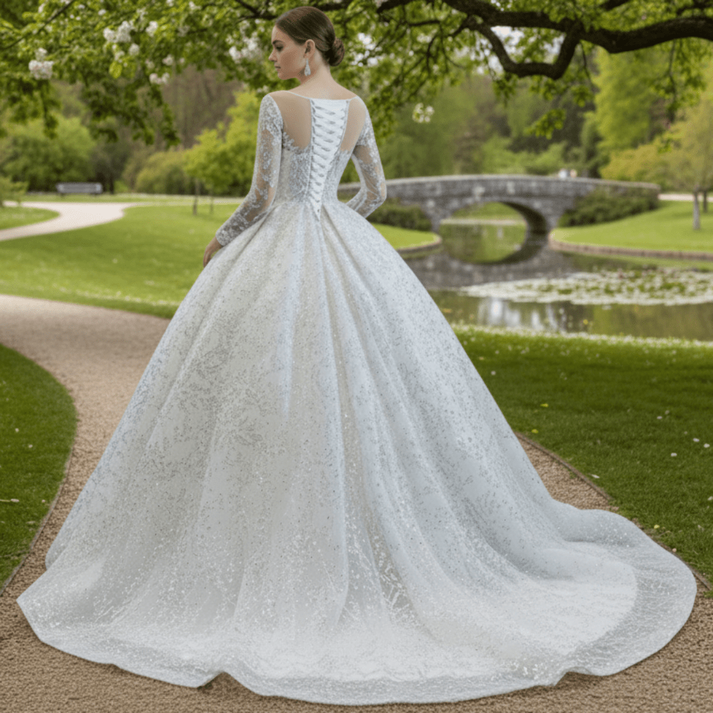 Fully Beaded Scoop Ball Gown Wedding Dress Long Sleeve Bridal Gown - Rosymae