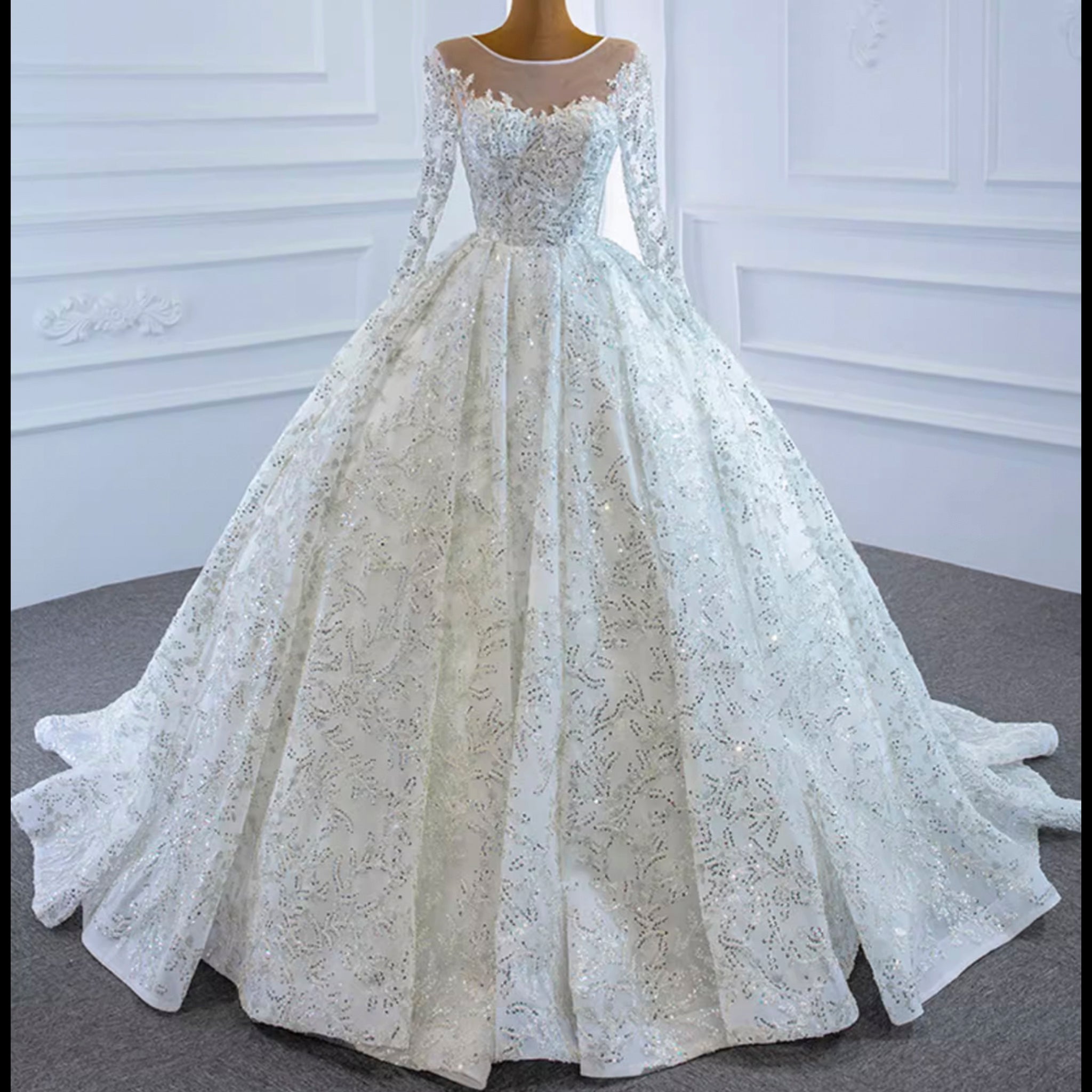 Fully Beaded Scoop Ball Gown Wedding Dress Long Sleeve Bridal Gown - Rosymae