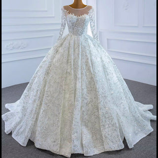 Fully Beaded Scoop Ball Gown Wedding Dress Long Sleeve Bridal Gown - Rosymae
