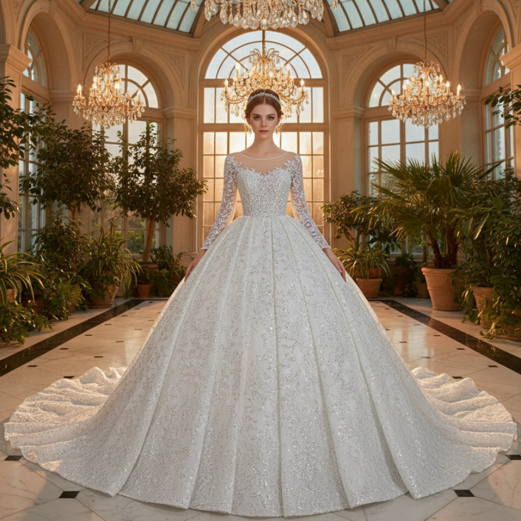 Beaded winter wedding dress paired for cathedral winter wedding venue