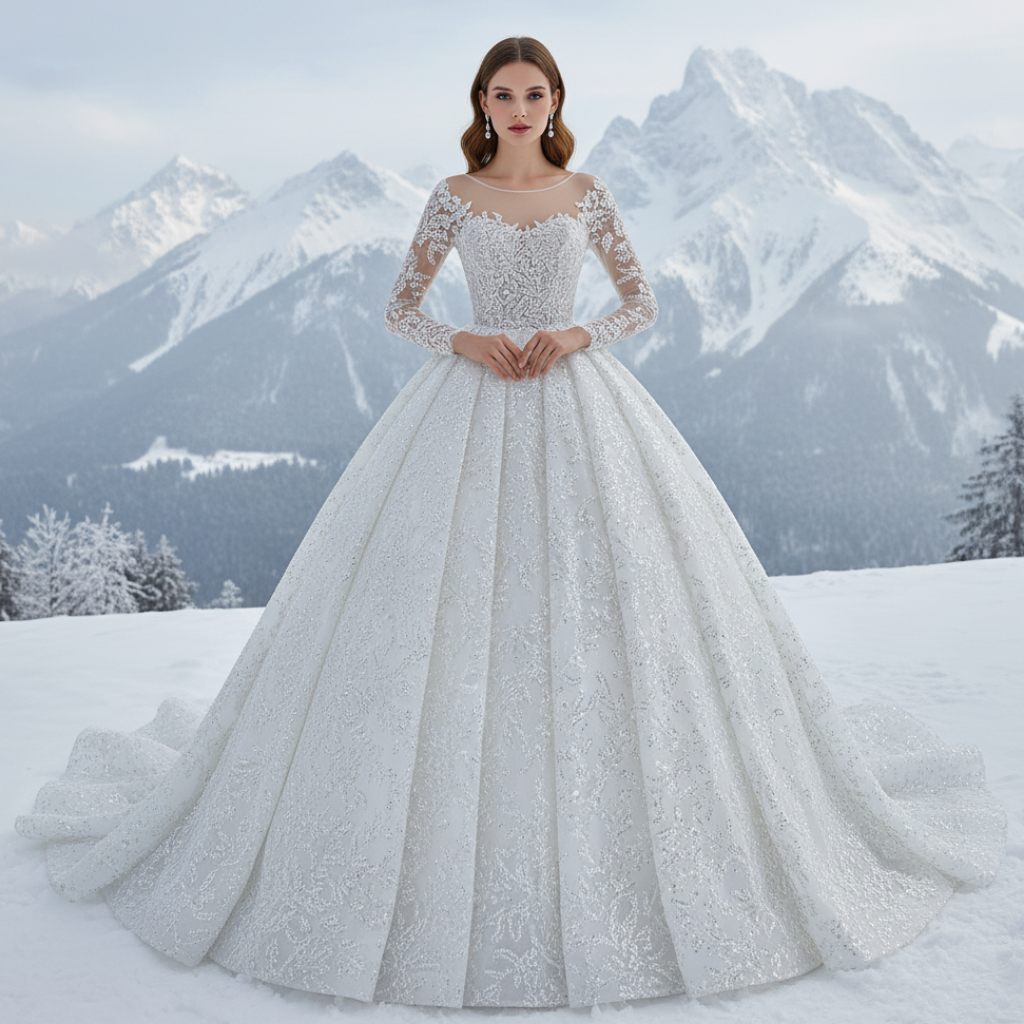 Beaded winter wedding dress paired for cathedral winter wedding venue