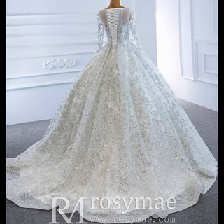 Fully Beaded Scoop Ball Gown Wedding Dress Long Sleeve Bridal Gown - Rosymae