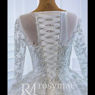 Fully Beaded Scoop Ball Gown Wedding Dress Long Sleeve Bridal Gown - Rosymae