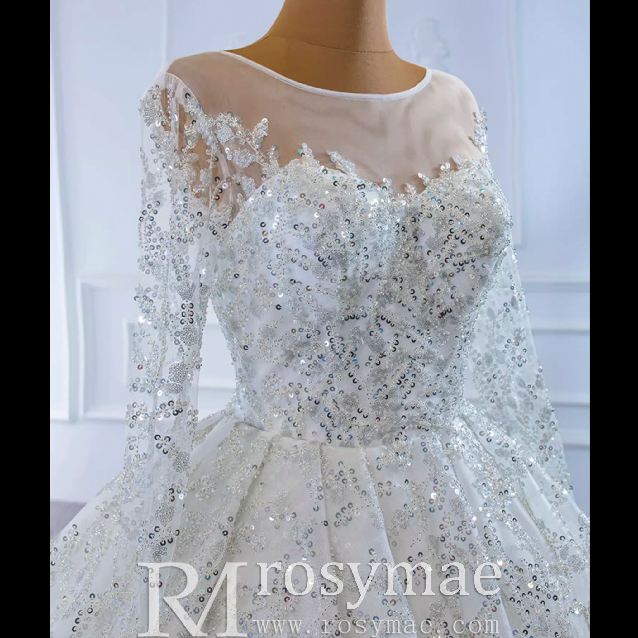 Fully Beaded Scoop Ball Gown Wedding Dress Long Sleeve Bridal Gown - Rosymae