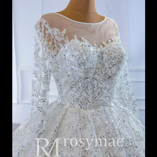Fully Beaded Scoop Ball Gown Wedding Dress Long Sleeve Bridal Gown - Rosymae
