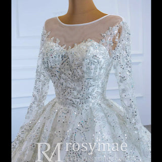 Fully Beaded Scoop Ball Gown Wedding Dress Long Sleeve Bridal Gown - Rosymae