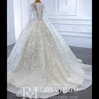 Fully Beaded Scoop Ball Gown Wedding Dress Long Sleeve Bridal Gown - Rosymae