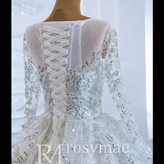 Fully Beaded Scoop Ball Gown Wedding Dress Long Sleeve Bridal Gown - Rosymae