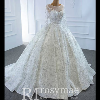 Fully Beaded Scoop Ball Gown Wedding Dress Long Sleeve Bridal Gown - Rosymae