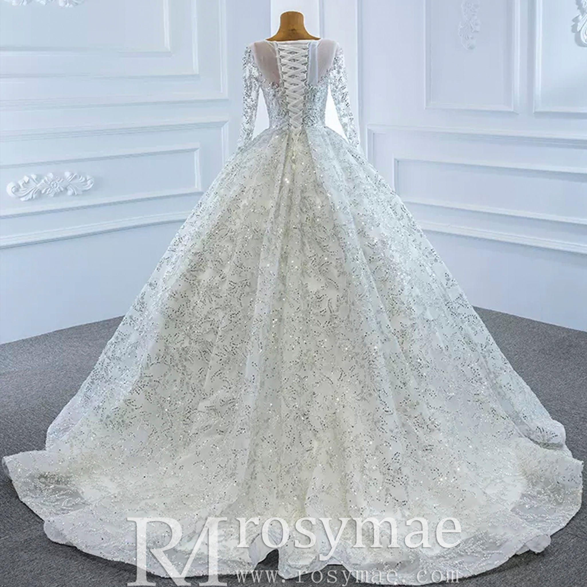 Fully Beaded Scoop Ball Gown Wedding Dress Long Sleeve Bridal Gown - Rosymae