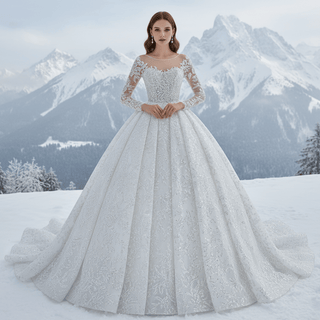 Beaded winter wedding dress paired for cathedral winter wedding venue
