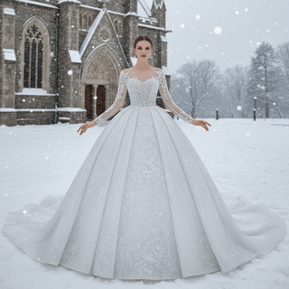 Beaded winter wedding dress paired for cathedral winter wedding venue