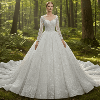 Beaded winter wedding dress paired for cathedral winter wedding venue