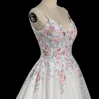 Glamorous Colorful Floral Appliqué A-Line Backless Wedding Dress with V-Neck - Rosymae