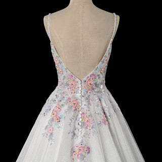 Glamorous Colorful Floral Appliqué A-Line Backless Wedding Dress with V-Neck - Rosymae