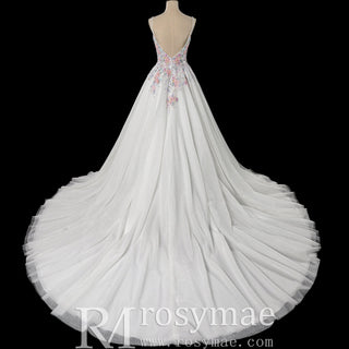 Glamorous Colorful Floral Appliqué A-Line Backless Wedding Dress with V-Neck - Rosymae