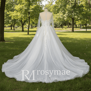 Glamorous Fall Ballgown Wedding Dress with Lace Long Sleeves - Rosymae