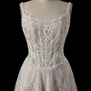 Glamorous Heavily Beaded Corset Mini Dress with Illusion Bodice and Scalloped Hemline - Rosymae