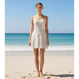 Glamorous Heavily Beaded Corset Mini Dress with Illusion Bodice and Scalloped Hemline - Rosymae