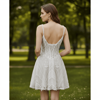 Glamorous Heavily Beaded Corset Mini Dress with Illusion Bodice and Scalloped Hemline - Rosymae
