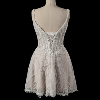 Glamorous Heavily Beaded Corset Mini Dress with Illusion Bodice and Scalloped Hemline - Rosymae