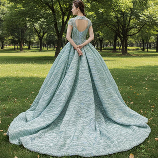 Glamorous Sheer High Neck Formal Prom Dress with Cap Sleeve - Rosymae