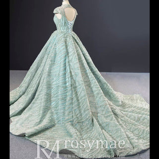 Glamorous Sheer High Neck Formal Prom Dress with Cap Sleeve - Rosymae