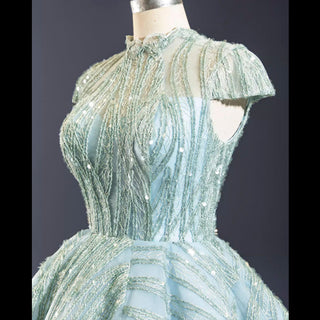 Glamorous Sheer High Neck Formal Prom Dress with Cap Sleeve - Rosymae