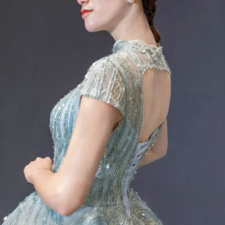Glamorous Sheer High Neck Formal Prom Dress with Cap Sleeve - Rosymae