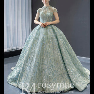Glamorous Sheer High Neck Formal Prom Dress with Cap Sleeve - Rosymae