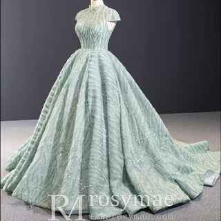 Glamorous Sheer High Neck Formal Prom Dress with Cap Sleeve - Rosymae