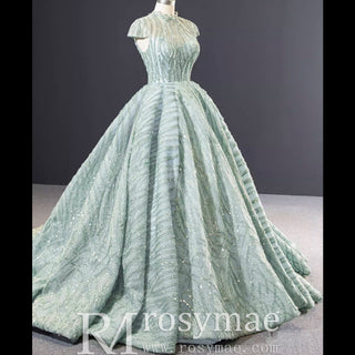 Glamorous Sheer High Neck Formal Prom Dress with Cap Sleeve - Rosymae