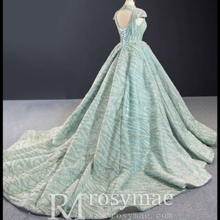 Glamorous Sheer High Neck Formal Prom Dress with Cap Sleeve - Rosymae