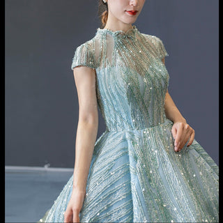 Glamorous Sheer High Neck Formal Prom Dress with Cap Sleeve - Rosymae