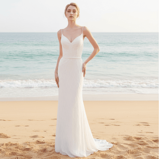 Glamorous Spaghetti Strap Long Fishtail Wedding Dress - Rosymae