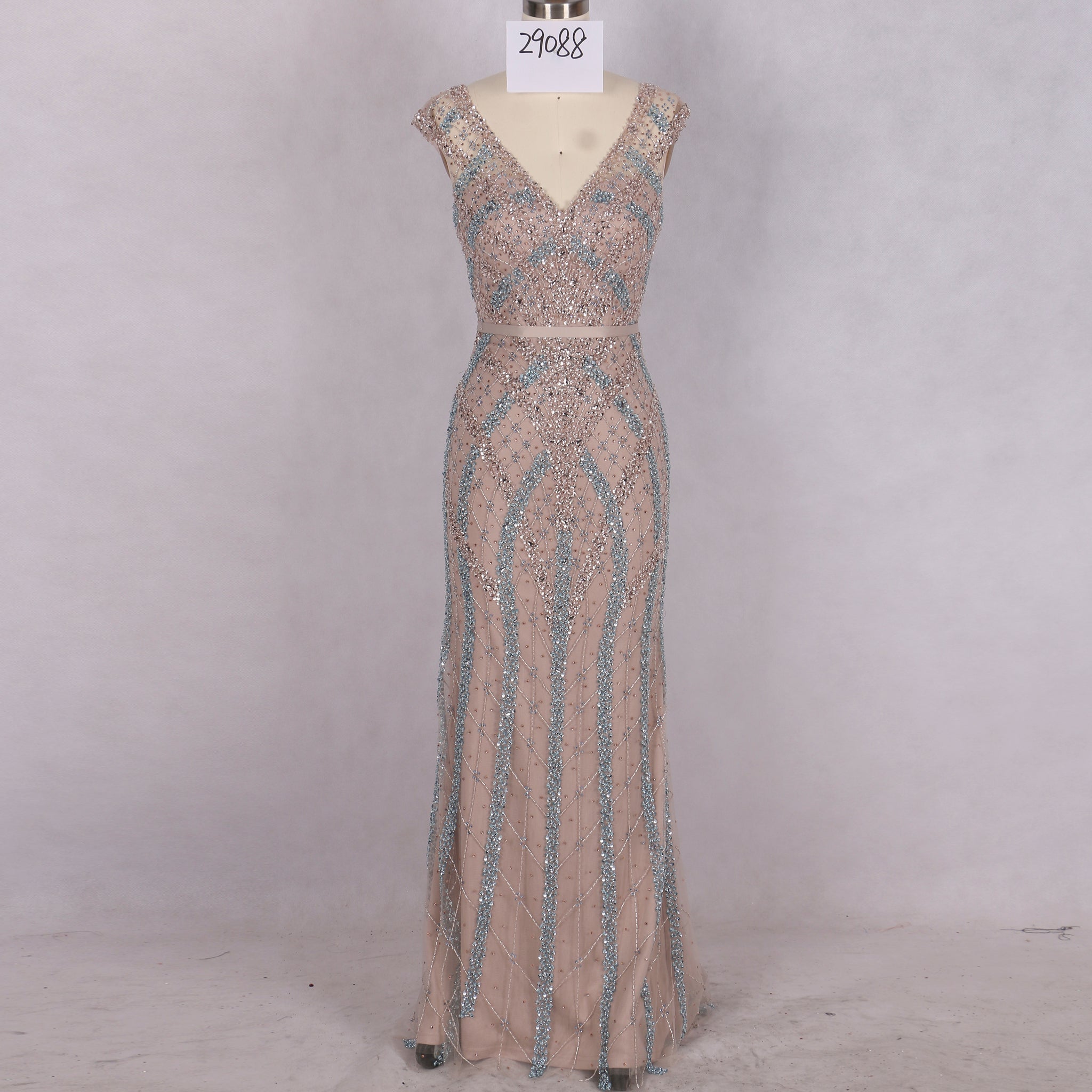 Glitter Beaded Crystals Vneck Mermaid Evening Gown Party Dress - Rosymae